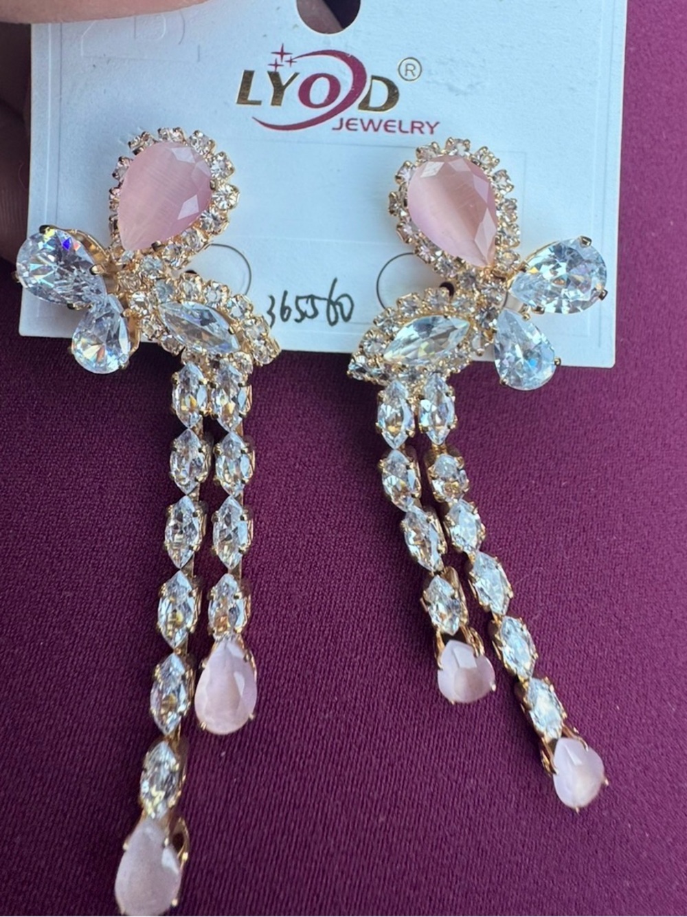 LYOD Pink Crystal Drop Dangle Earrings — Gold Tone